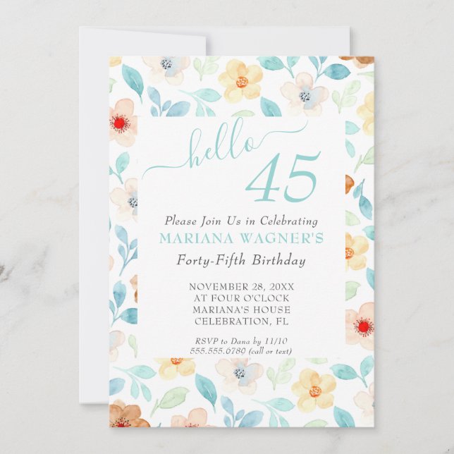 Yellow Teal Floral Elegant Script 45th Birthday Invitation (Front)