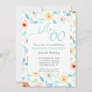 Yellow Teal Floral Elegant Script 60th Birthday Invitation