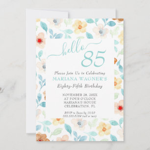 Yellow Teal Floral Elegant Script 85th Birthday  Invitation