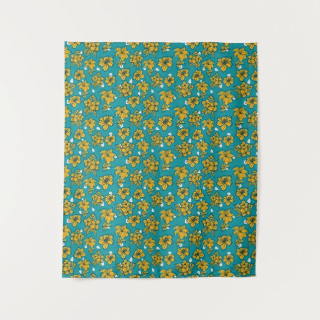 Yellow Teal Flowers Pattern Tapestry (Front)