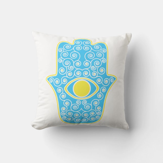 Yellow Teal Hamsa-Hand of Miriam-Hand of Fatima.pn Cushion (Front)