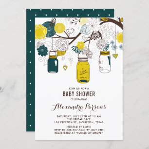 Yellow & Teal Mason Jars   Floral Baby Shower Invitation