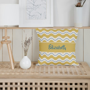 Yellow & Teal Nautical Waves Personalised Coastal Cushion