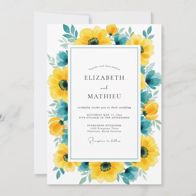 Yellow Teal Pristine Summer Wedding Invitation (Front)