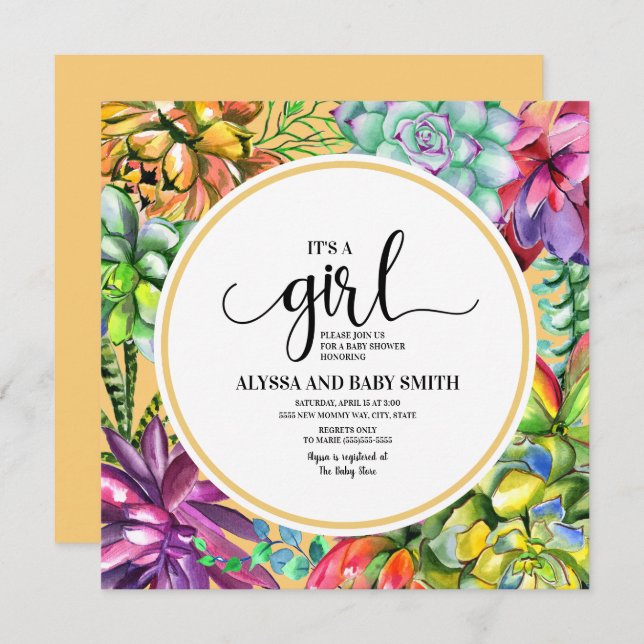 Yellow Teal Purple Succulents Baby Girl Shower Invitation (Front/Back)