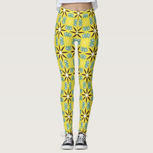 Yellow Teal Retro Geometric Pattern Leggings