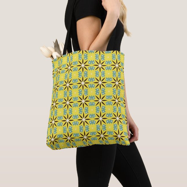 Yellow Teal Retro Geometric Pattern Tote Bag (Close Up)