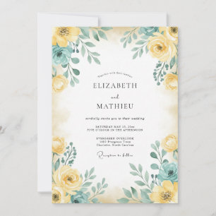 Yellow Teal Rose Wedding Invitation