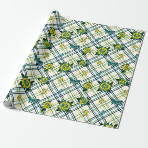 Yellow Teal Tattoo Roses Butterflies Plaid Wrapping Paper