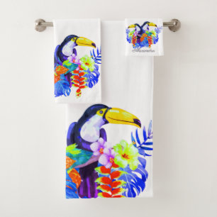 Yellow Teal Toucan birds tropical flowers Bath Tow Towel Set