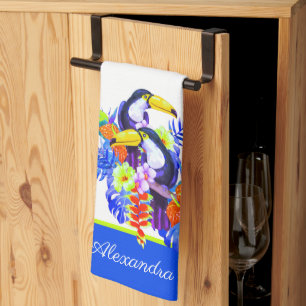 Yellow Teal Toucan birds tropical flowers Tea Towel