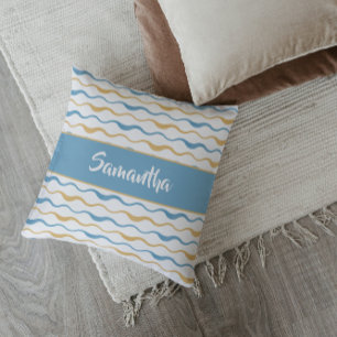 Yellow & Teal Waves Personalised Nautical Boho Cushion