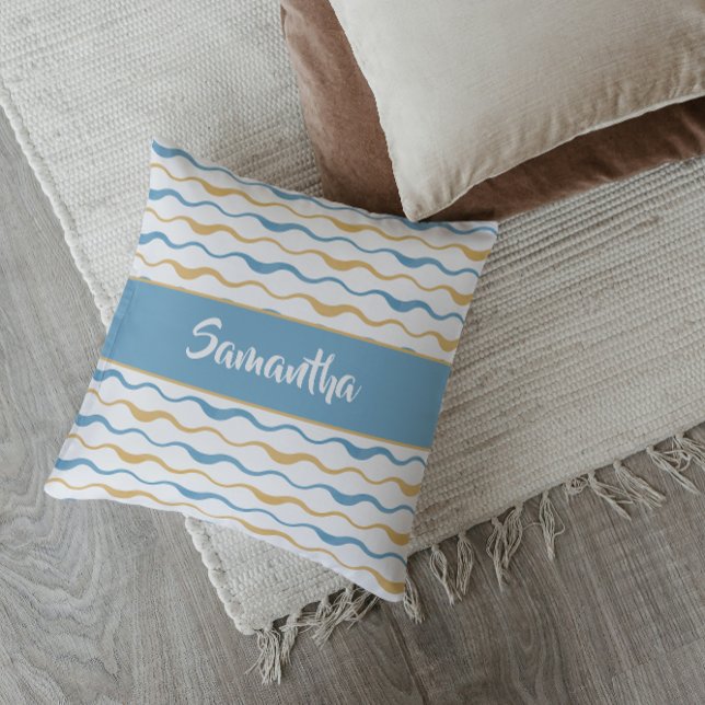 Yellow & Teal Waves Personalised Nautical Boho Cushion (Yellow and Teal Waves Ocean Decor Throw Pillow)