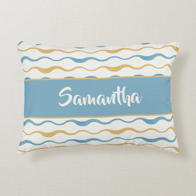 Yellow & Teal Waves Personalised Nautical Boho Decorative Cushion (Front)
