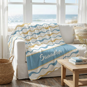 Yellow & Teal Waves Personalised Nautical Boho Fleece Blanket
