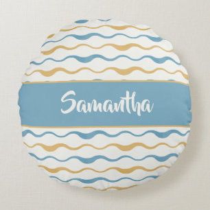 Yellow & Teal Waves Personalised Nautical Boho Round Cushion