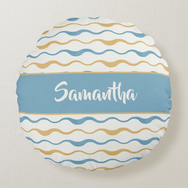 Yellow & Teal Waves Personalised Nautical Boho Round Cushion (Front)