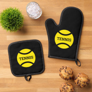 Yellow tennis ball logo personalized kitchen oven mitt & pot holder set