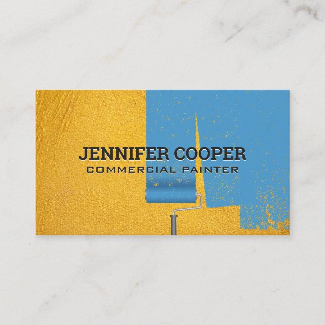 Yellow Textured Wall | Paint Roller Blue Paint Business Card (Front)