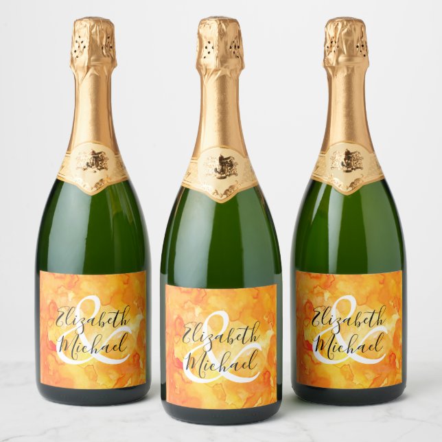 Yellow to Orange Watercolor Sparkling Wine Bottle  Label (Bottles)