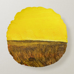 Yellow top and brown bottom. Abstract landscape. F Round Cushion