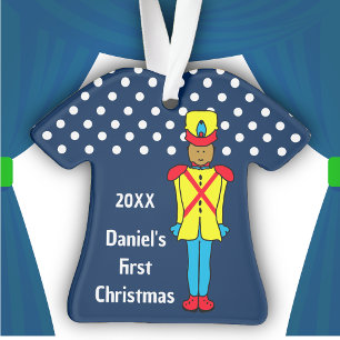 Yellow Toy Soldier on Navy blue white polka dots Ornament