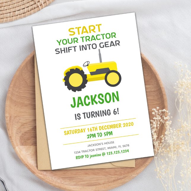 Yellow Tractor Birthday Invitation (White Yellow Tractor Birthday Invitations)
