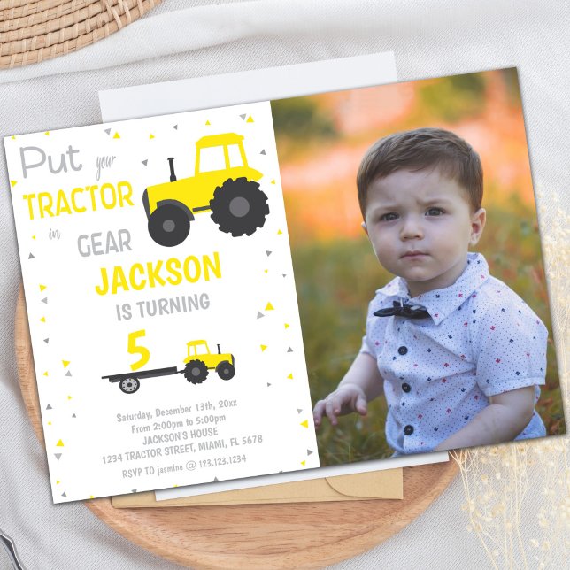 Yellow Tractor Birthday Invitations with Photo (Yellow Tractor Birthday Invitations with photo)