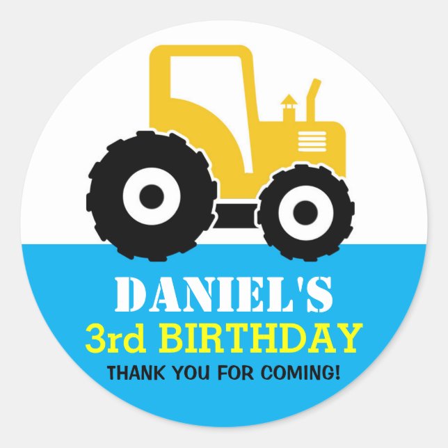 Yellow Tractor Cartoon Kids Birthday Party Sticker (Front)