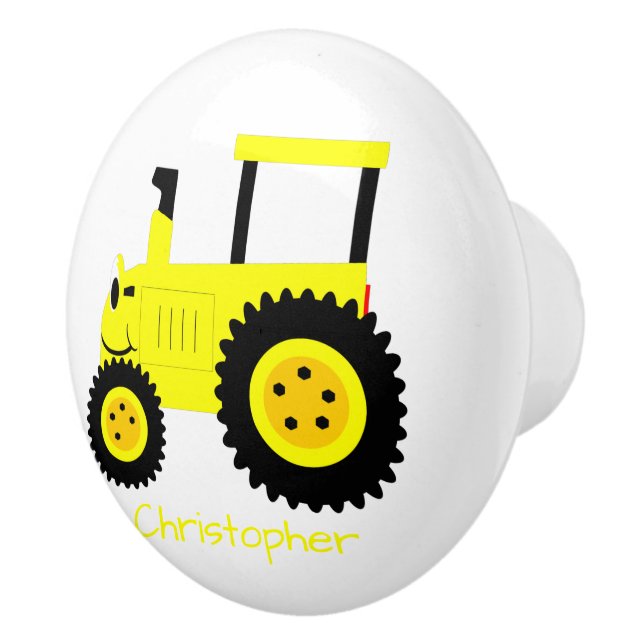 Yellow Tractor Design Personalised Ceramic Knob (Right)