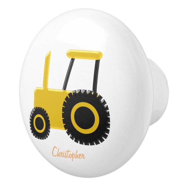 Yellow Tractor Personalised Ceramic Knob (Right)
