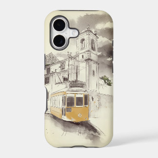 Yellow Tram in Black and White Watercolor Scenery
