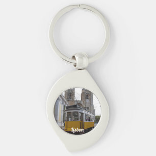 Yellow tram on Lisbon Cathedral in Portugal Key Ring