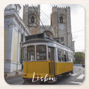 Yellow tram on Lisbon Cathedral in Portugal Square Paper Coaster