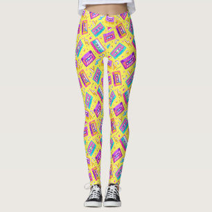 Yellow Trendy 80's with Neon Cassette Tape Music  Leggings