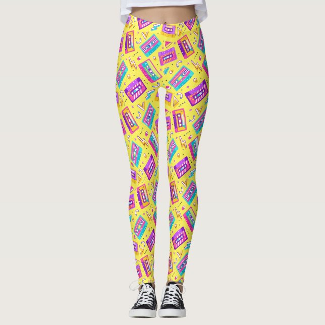 Yellow Trendy 80's with Neon Cassette Tape Music  Leggings (Front)