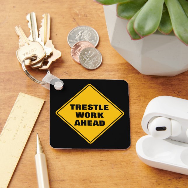 Yellow trestle work ahead road sign personalised key ring (Desk)