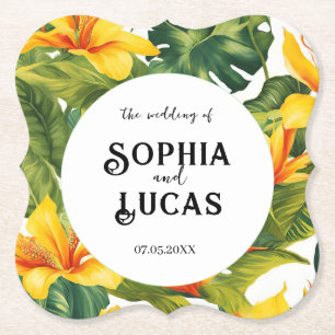 Yellow Tropical Floral Wedding Paper Coaster