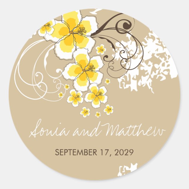 Yellow Tropical Hibiscus Beach Wedding Stickers (Front)