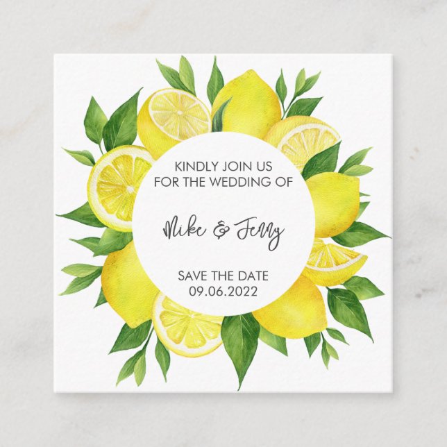 Yellow Tropical Lemon Citrus Monogram Wedding  Enclosure Card (Front)