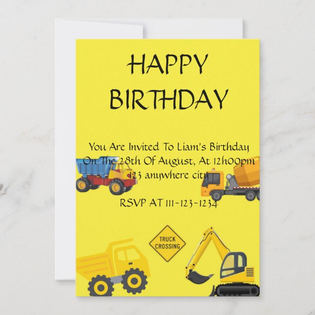 Yellow trucks boy birthday invitation  (Front)