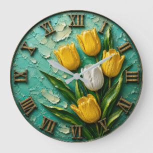 Yellow Tulip Elegant Spring Floral Art with Gold Large Clock