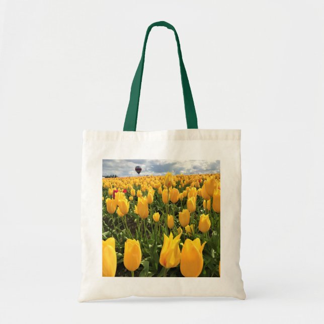 Yellow Tulip Field with Hot Air Balloon Tote Bag (Front)