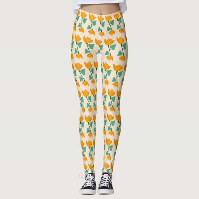 Yellow tulip floral pattern on cream leggings (Front)