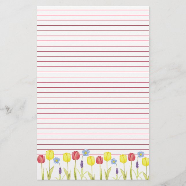 Yellow Tulip Flower Garden Red Lined Stationery (Front)