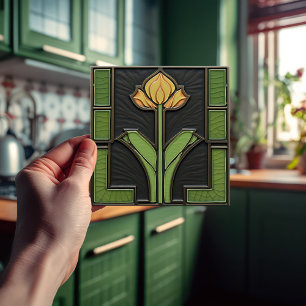 Yellow Tulip Geometrical Flower Mid-Century Ceramic Tile