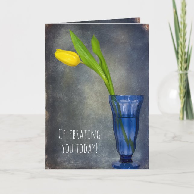 yellow tulip in blue glass birthday card (Front)