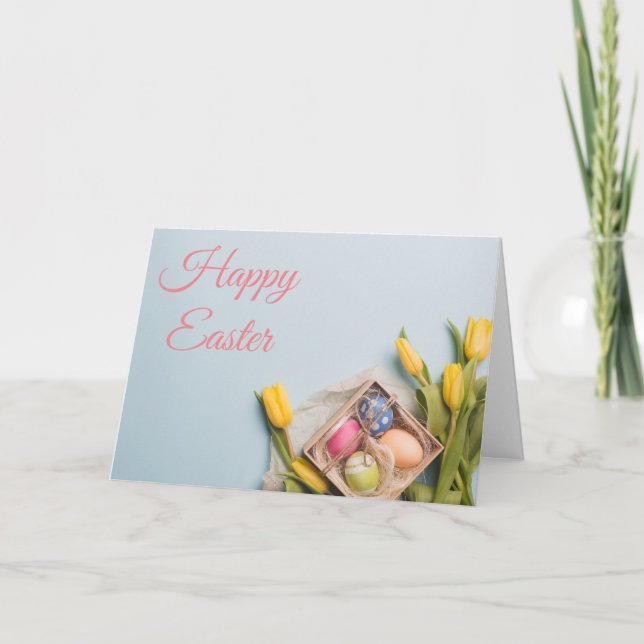 Yellow Tulips and Easter Eggs Holiday Card (Front)
