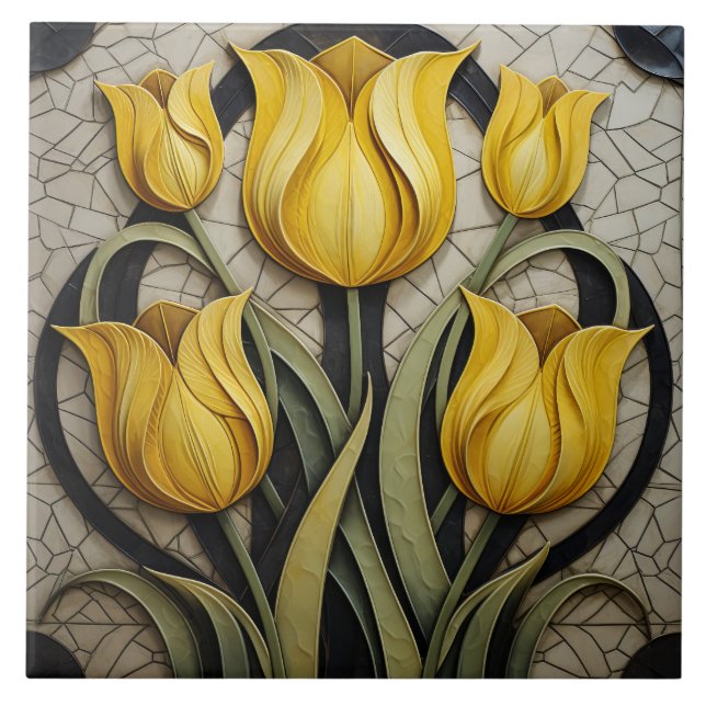 Yellow Tulips Floral Art Nouveau Inspired Nature Ceramic Tile (Front)
