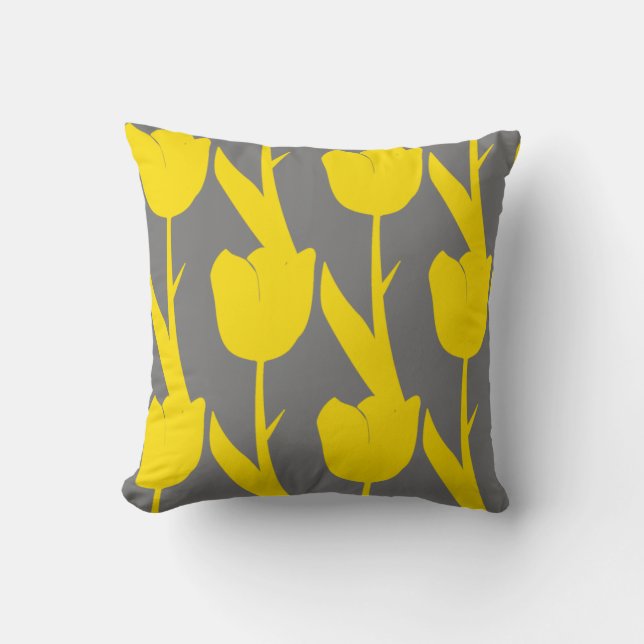 Yellow Tulips Gold Floral Flowers Patterns Grey Cushion (Front)